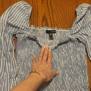 Aqua White and Blue Smocked Ruffled Blouse 3/4 Sleeve